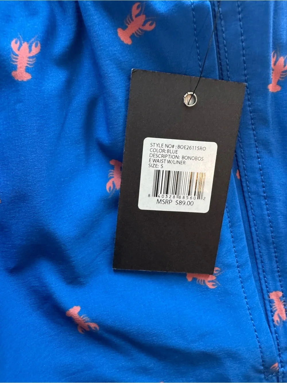 Bonobos Men’s Small Blue W/lobster Pattern Small 7in Inseam Swim Trunks. NWT